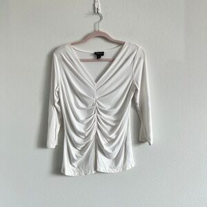 Ronen Chen Basix White Ruched V-Neck Top 2 Early 2000s Quiet Luxury Old Money